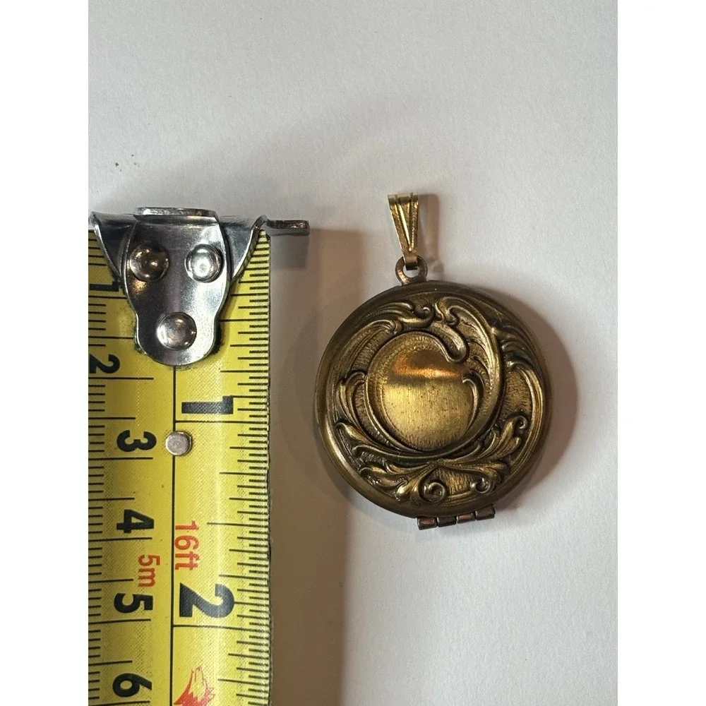 Vintage Brass Tone Round Photo Locket Pendant Victorian Revival Scroll Floral